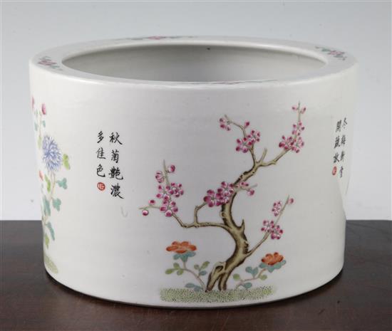 A Chinese famille rose cylindrical brush pot, 21.5cm diam.